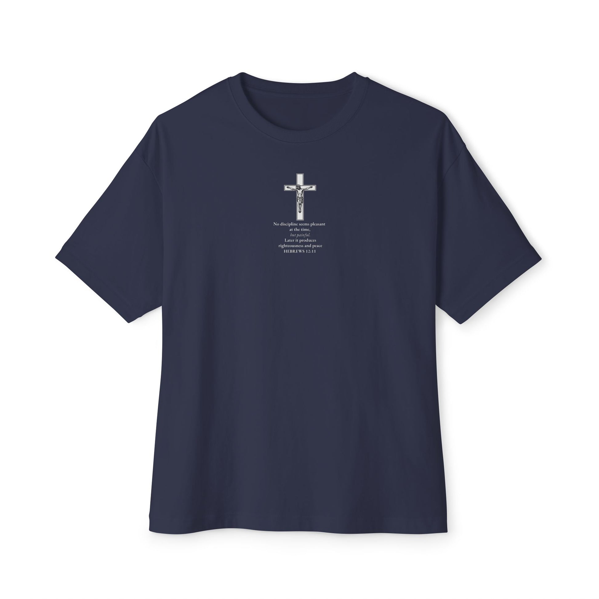 Navy Hebrews 12:11 T-shirt with Bible verse modern Christian apparel and faith based streetwear for men and women.